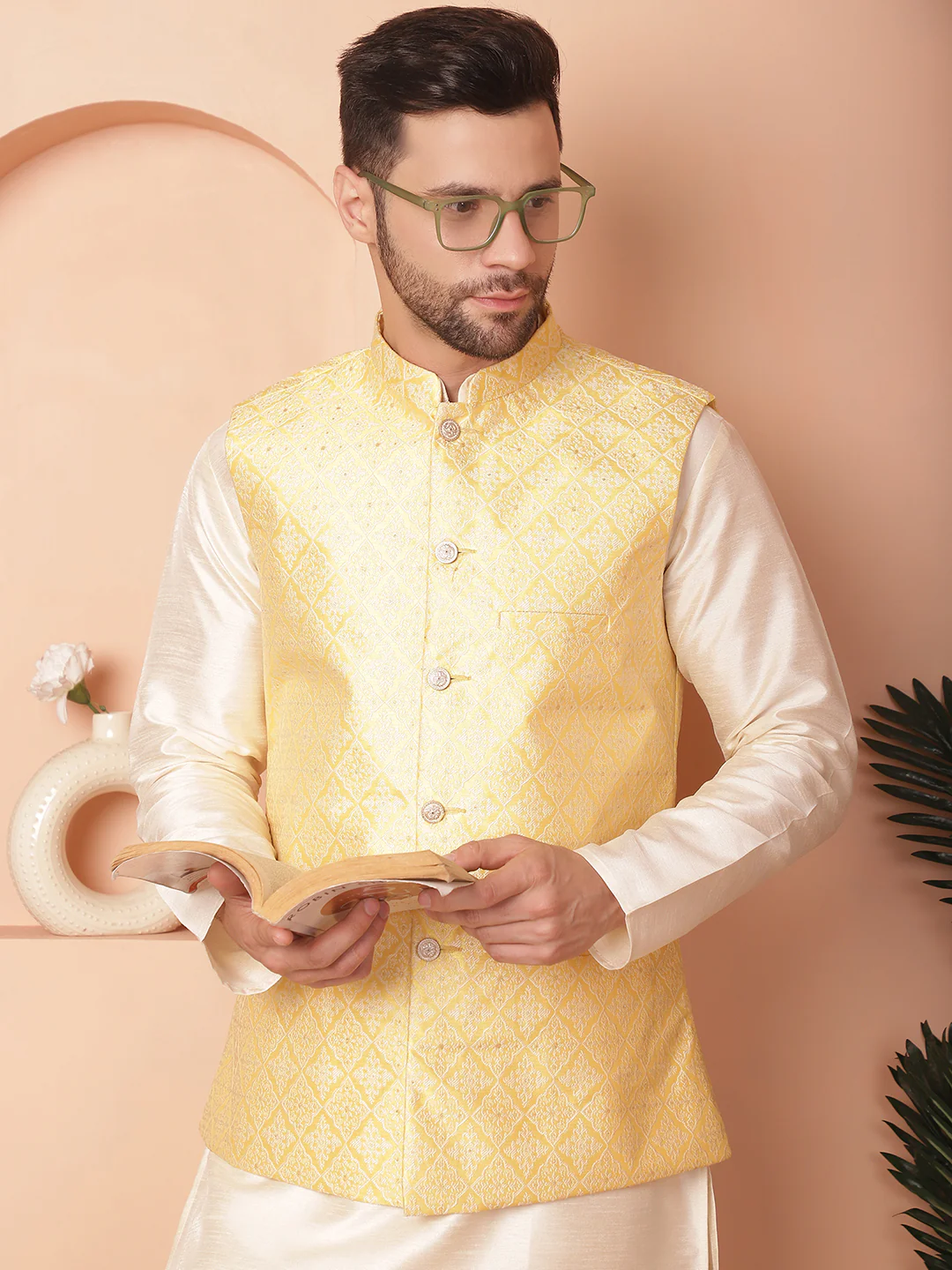 Indian Waistcoat Men's Nehru Jacket Brocade Silk Blend (Yellow)
