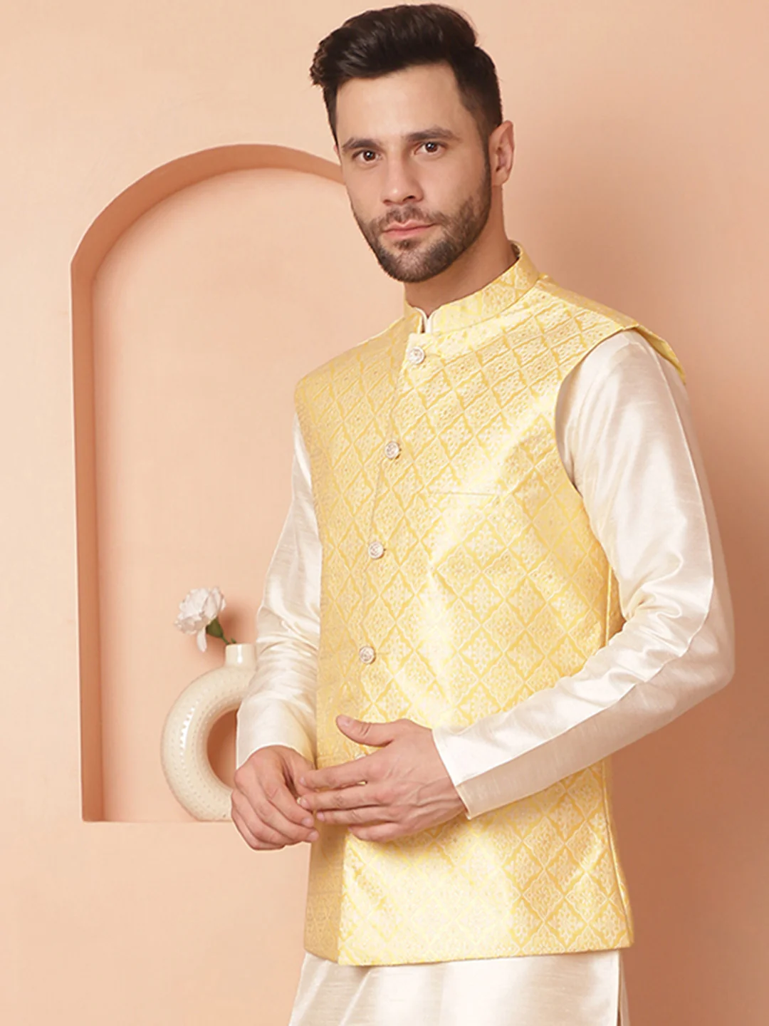 Indian Waistcoat Men's Nehru Jacket Brocade Silk Blend (Yellow) - Image 4