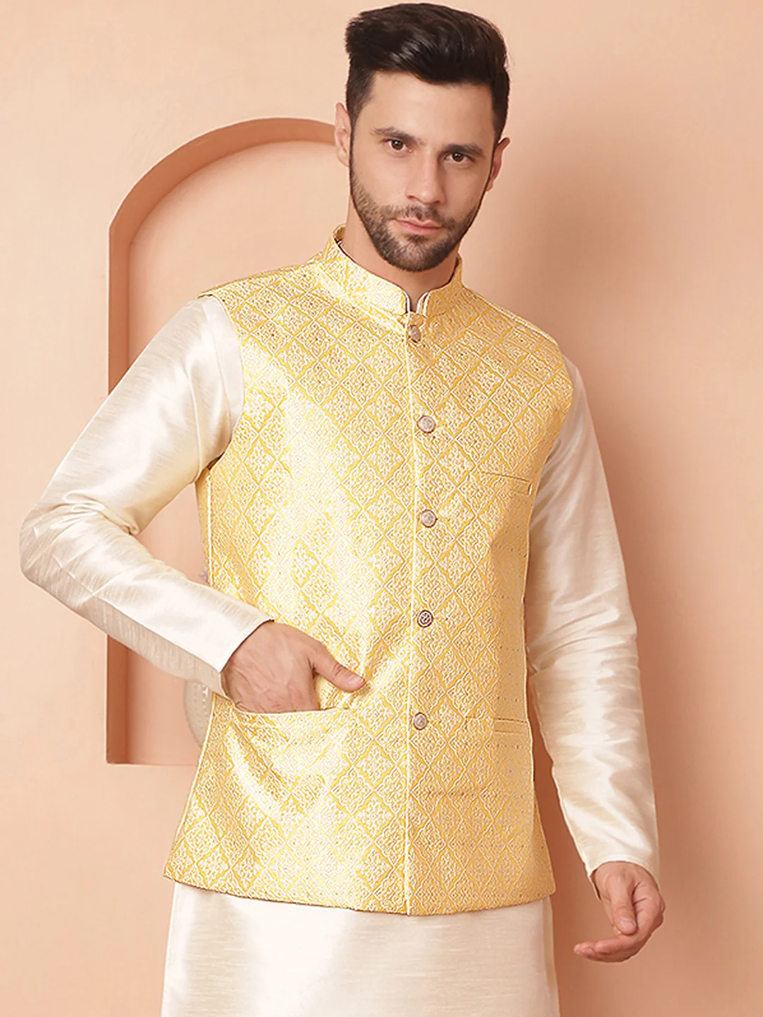 Indian Waistcoat Men's Nehru Jacket Brocade Silk Blend (Yellow) - Image 5