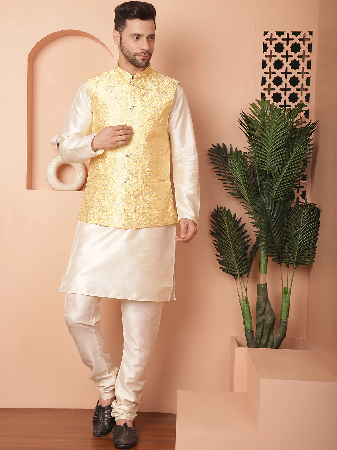 Indian Waistcoat Men's Nehru Jacket Brocade Silk Blend (Yellow) - Image 6