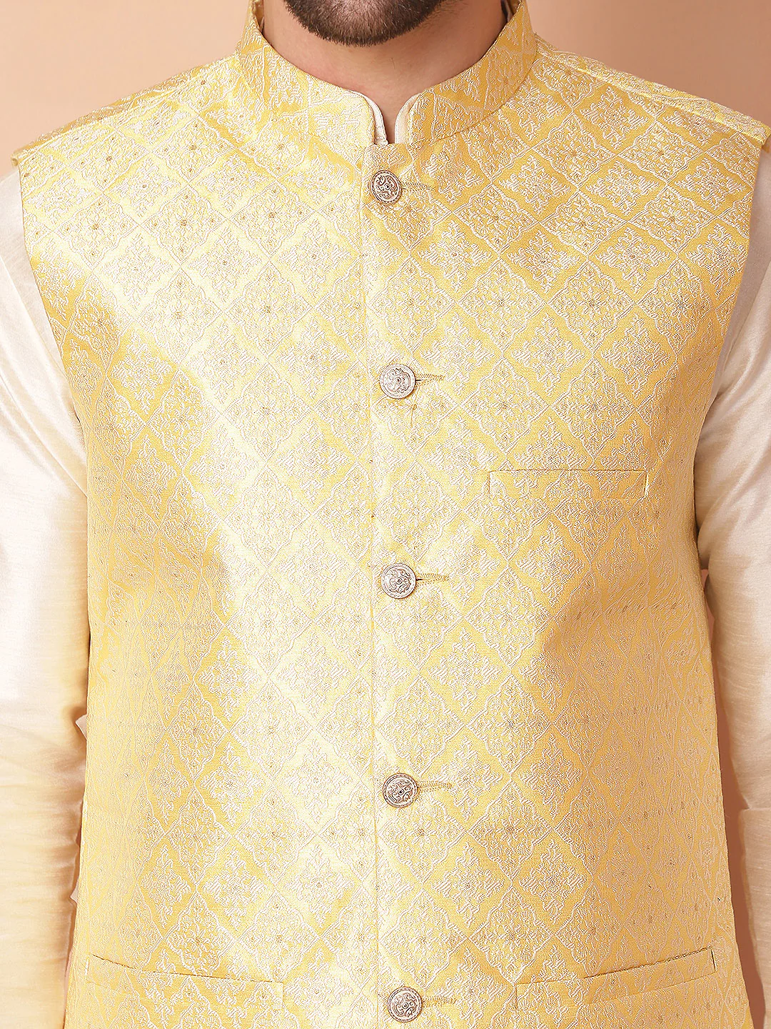 Indian Waistcoat Men's Nehru Jacket Brocade Silk Blend (Yellow) - Image 7