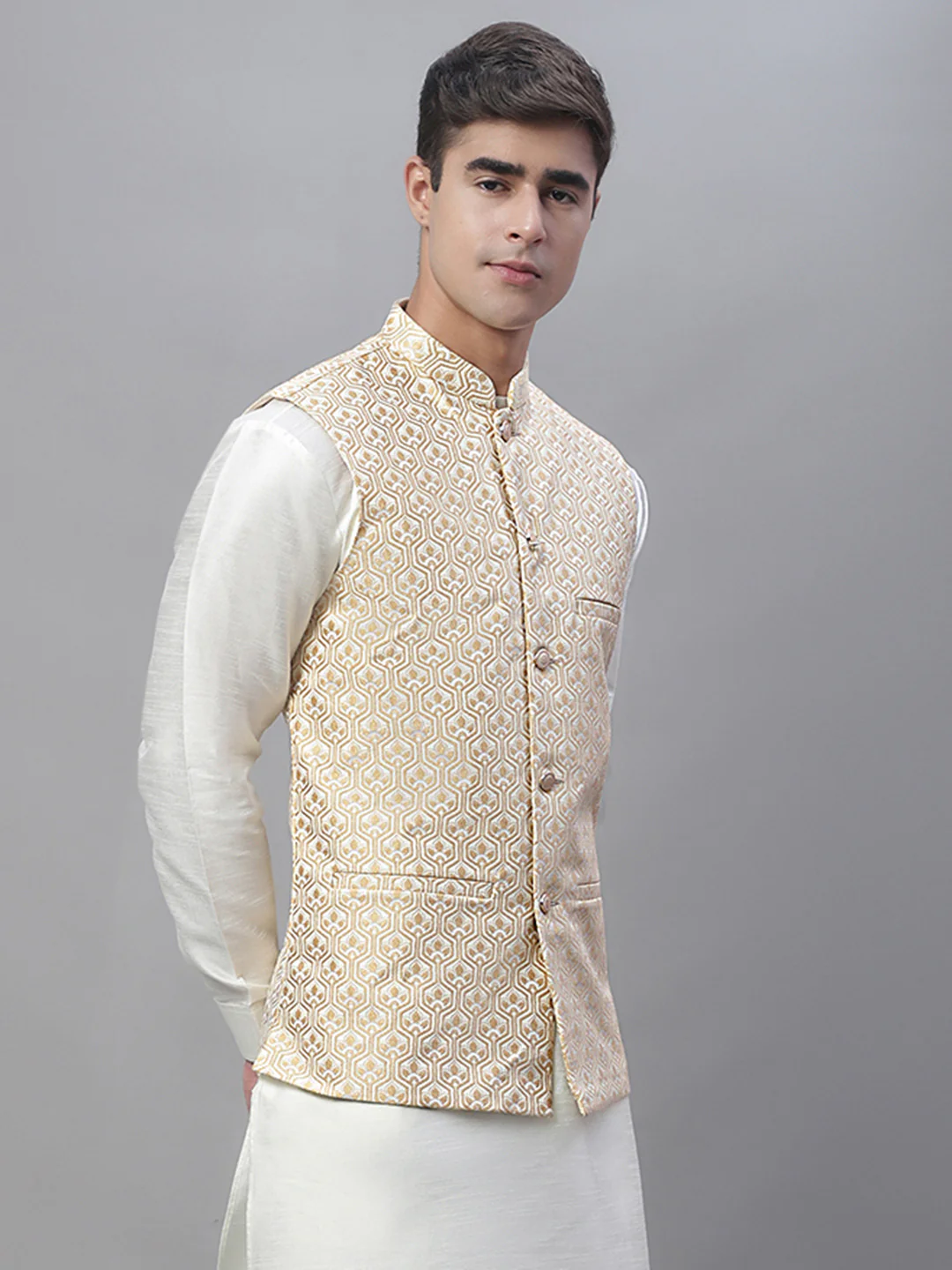 Indian Waistcoat Sleeveless Nehru Jacket for Men (Cream) - Image 4