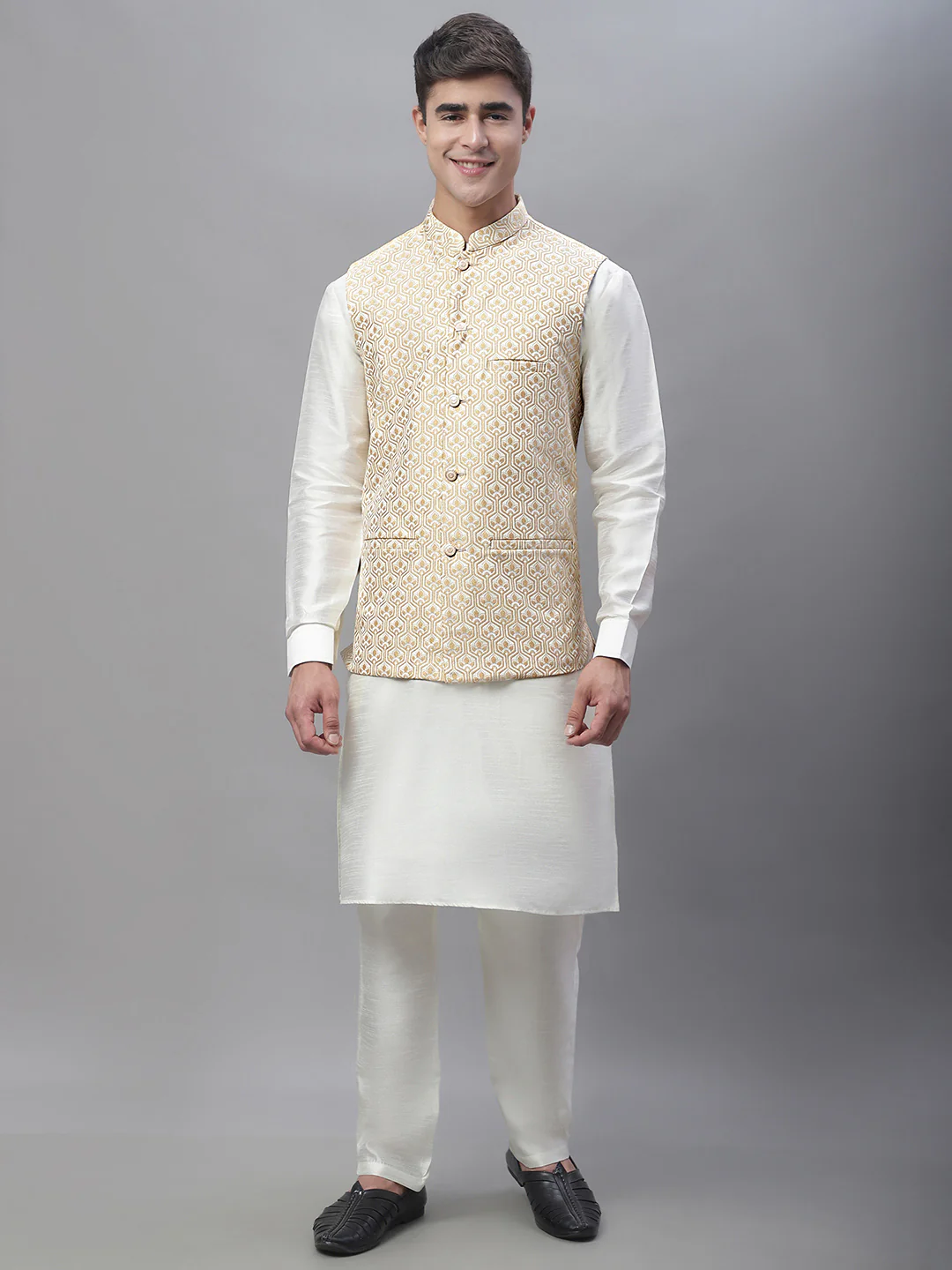 Indian Waistcoat Sleeveless Nehru Jacket for Men (Cream) - Image 5