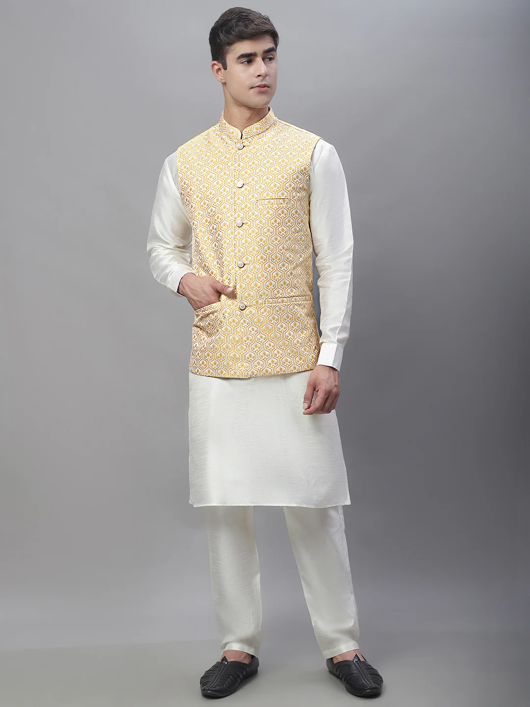 Indian Waistcoat Sleeveless Nehru Jacket for Men (Gold) - Image 5