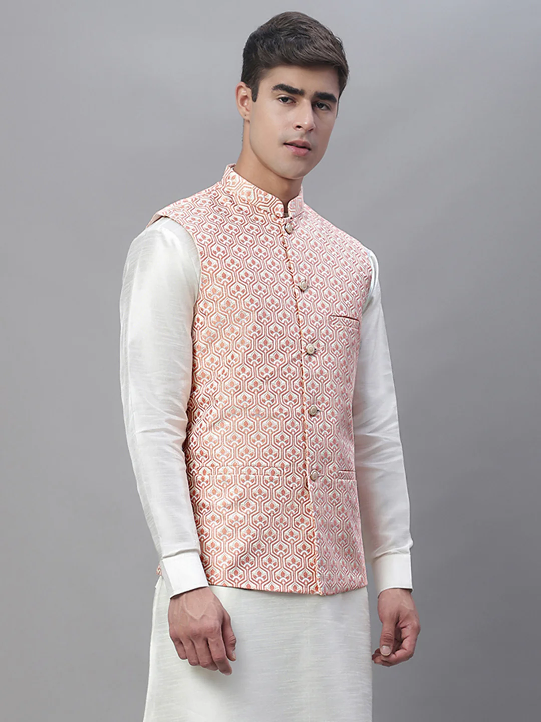 Indian Waistcoat Sleeveless Nehru Jacket for Men (Peach) - Image 4