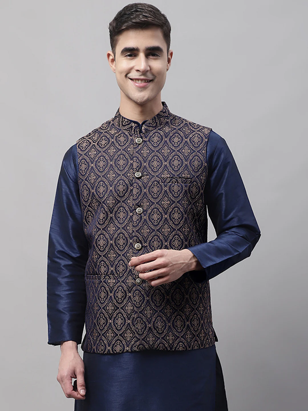 Indian Waistcoat Sleeveless Men's Nehru Jacket Brocade Silk Blend (Navy Blue/Brown)
