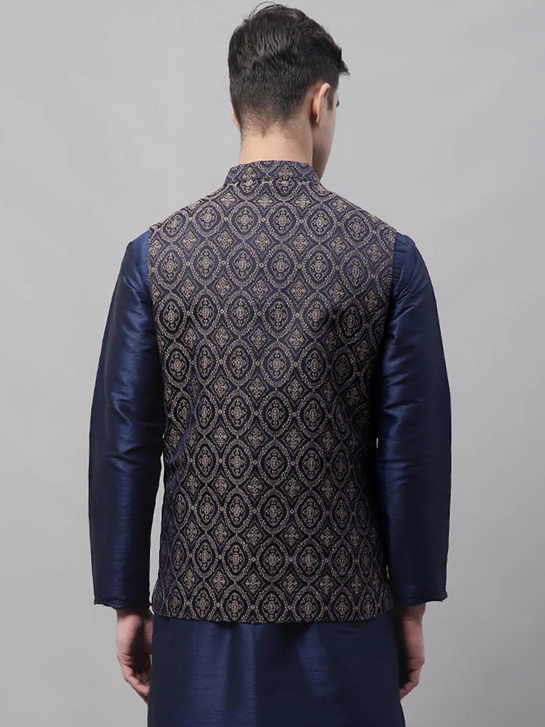 Indian Waistcoat Sleeveless Men's Nehru Jacket Brocade Silk Blend (Navy Blue/Brown) - Image 2