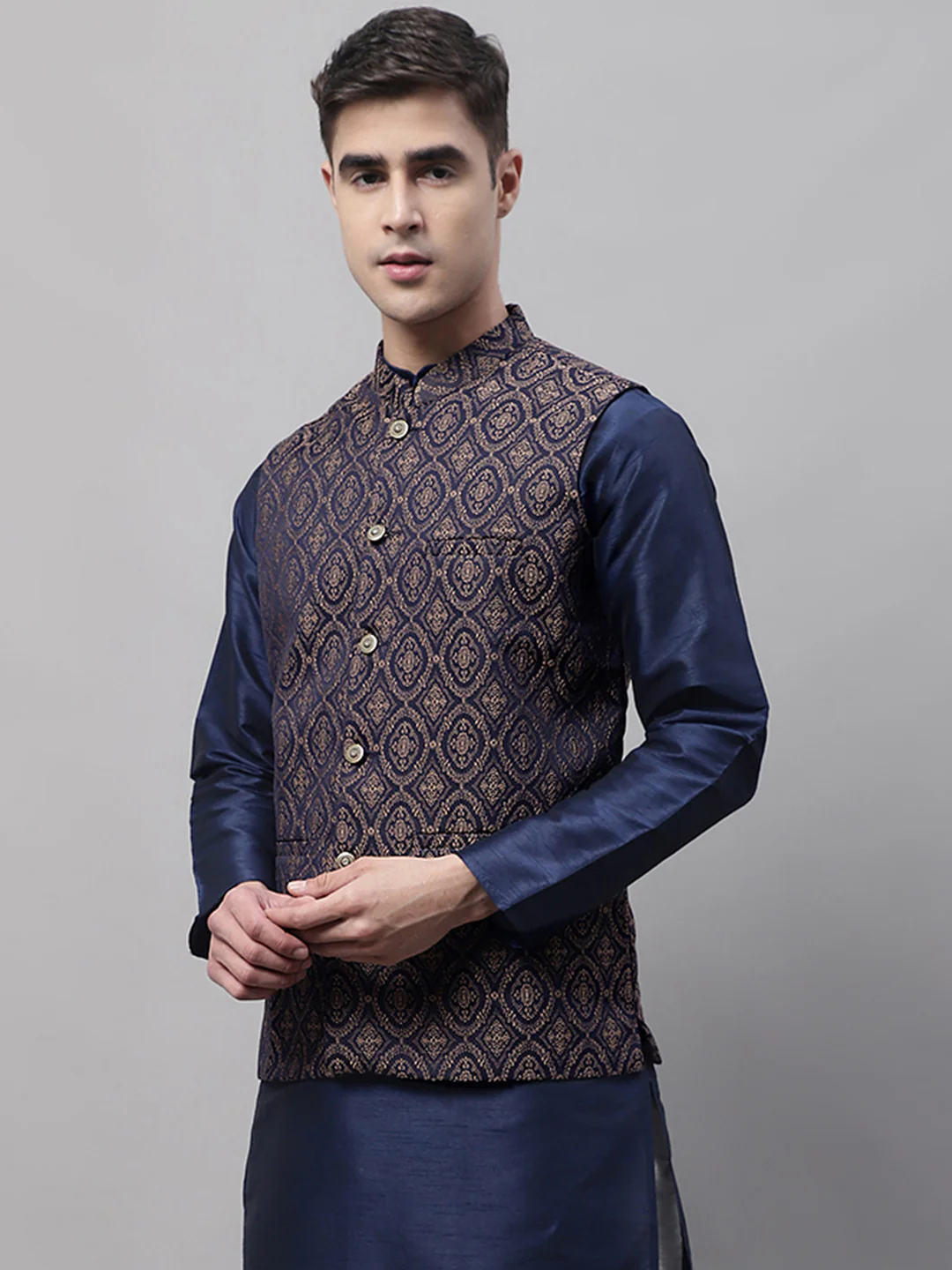 Indian Waistcoat Sleeveless Men's Nehru Jacket Brocade Silk Blend (Navy Blue/Brown) - Image 4