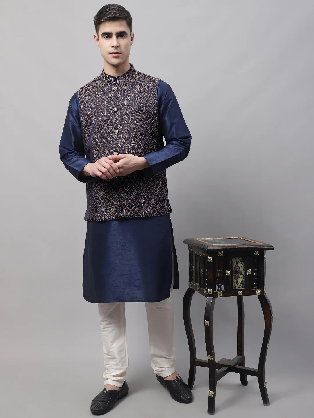 Indian Waistcoat Sleeveless Men's Nehru Jacket Brocade Silk Blend (Navy Blue/Brown) - Image 5