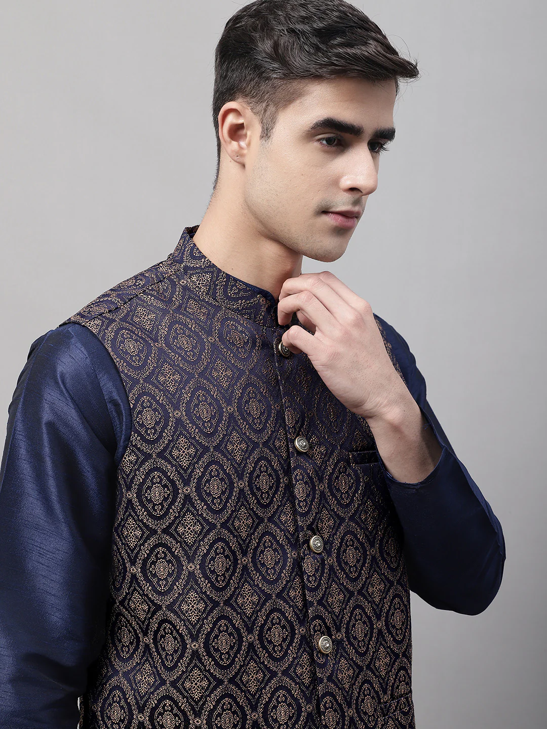 Indian Waistcoat Sleeveless Men's Nehru Jacket Brocade Silk Blend (Navy Blue/Brown) - Image 6