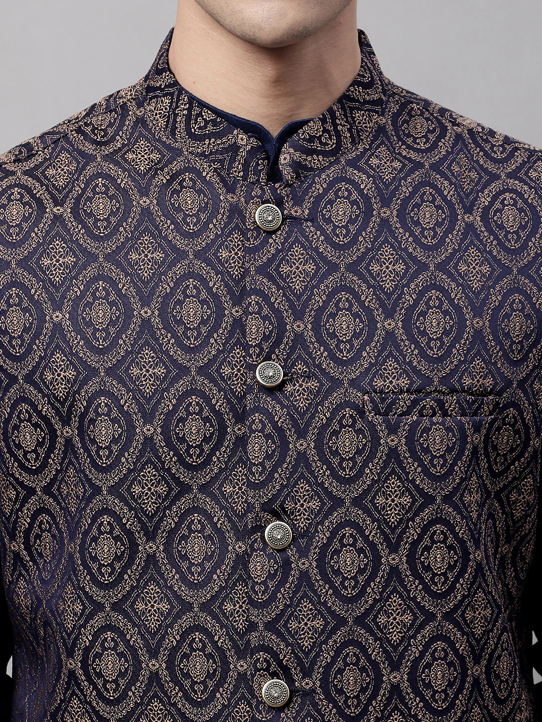 Indian Waistcoat Sleeveless Men's Nehru Jacket Brocade Silk Blend (Navy Blue/Brown) - Image 7