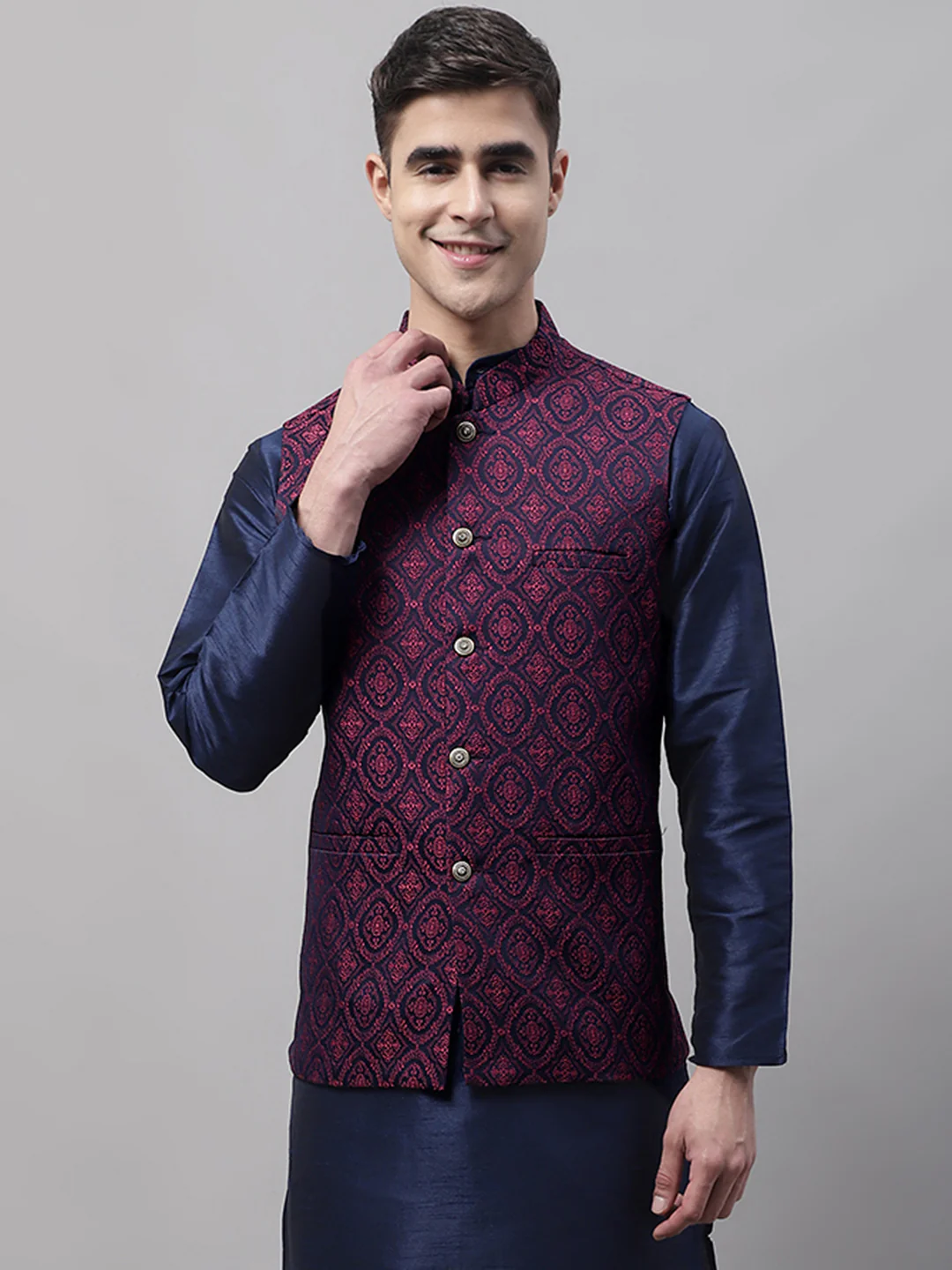 Indian Waistcoat Sleeveless Men's Nehru Jacket Brocade Silk Blend (Navy Blue/Maroon)