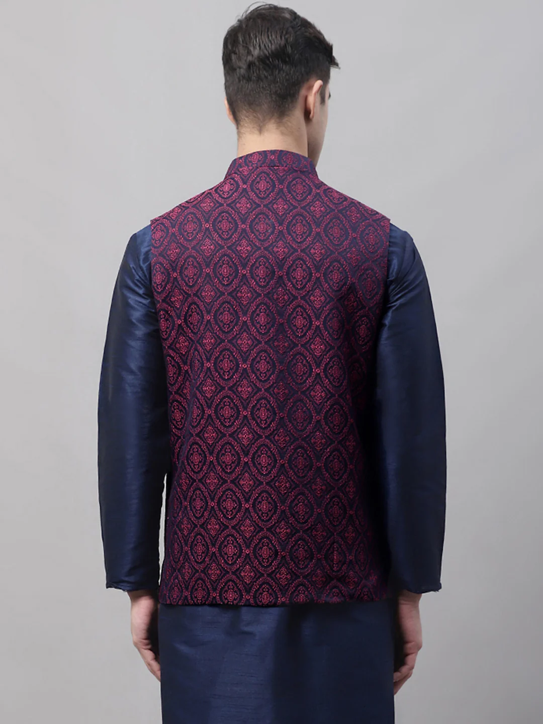 Indian Waistcoat Sleeveless Men's Nehru Jacket Brocade Silk Blend (Navy Blue/Maroon) - Image 2