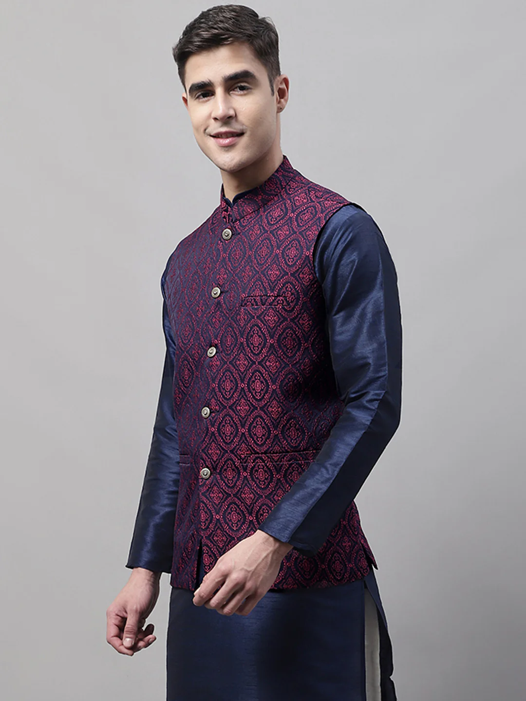 Indian Waistcoat Sleeveless Men's Nehru Jacket Brocade Silk Blend (Navy Blue/Maroon) - Image 4