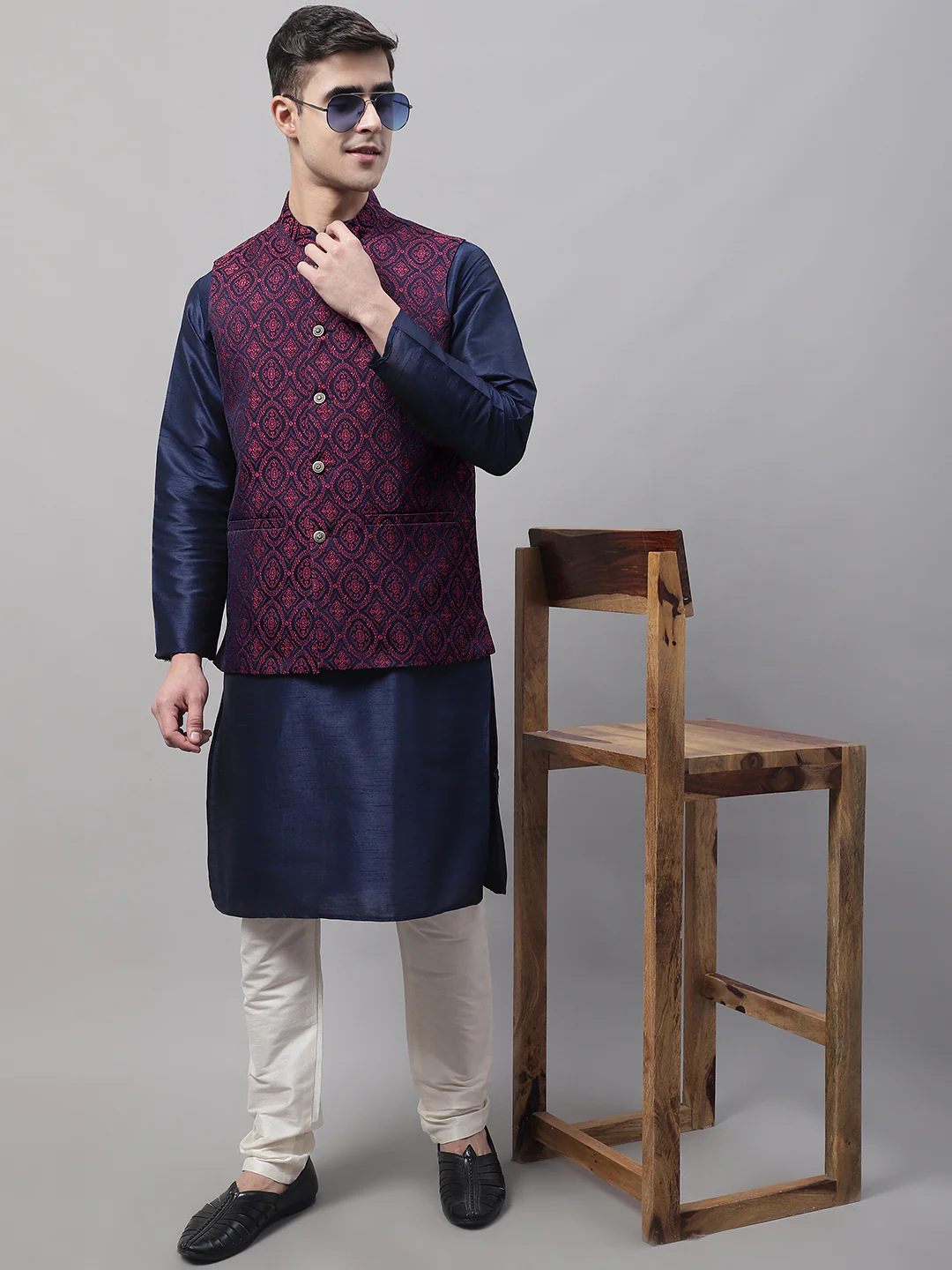 Indian Waistcoat Sleeveless Men's Nehru Jacket Brocade Silk Blend (Navy Blue/Maroon) - Image 5