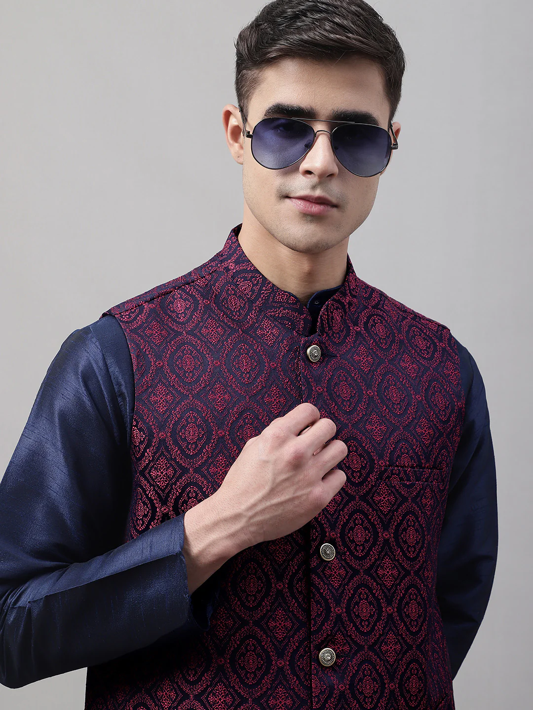 Indian Waistcoat Sleeveless Men's Nehru Jacket Brocade Silk Blend (Navy Blue/Maroon) - Image 6