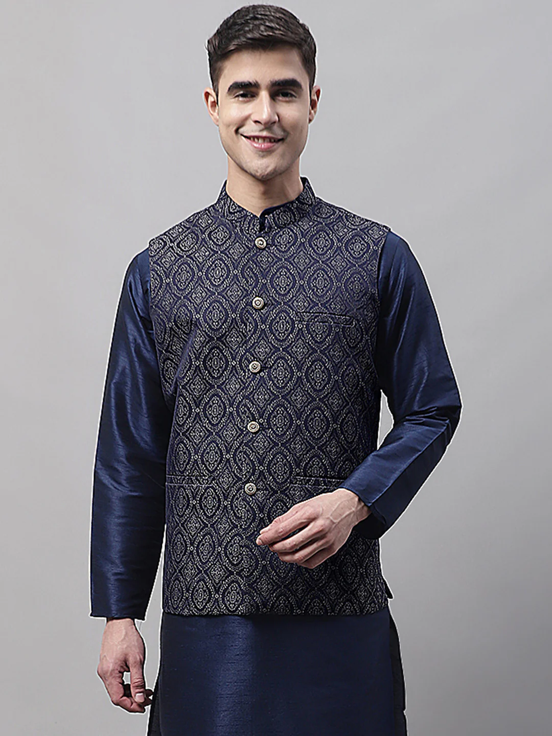 Indian Waistcoat Sleeveless Men's Nehru Jacket Brocade Silk Blend (Navy Blue/Silver)