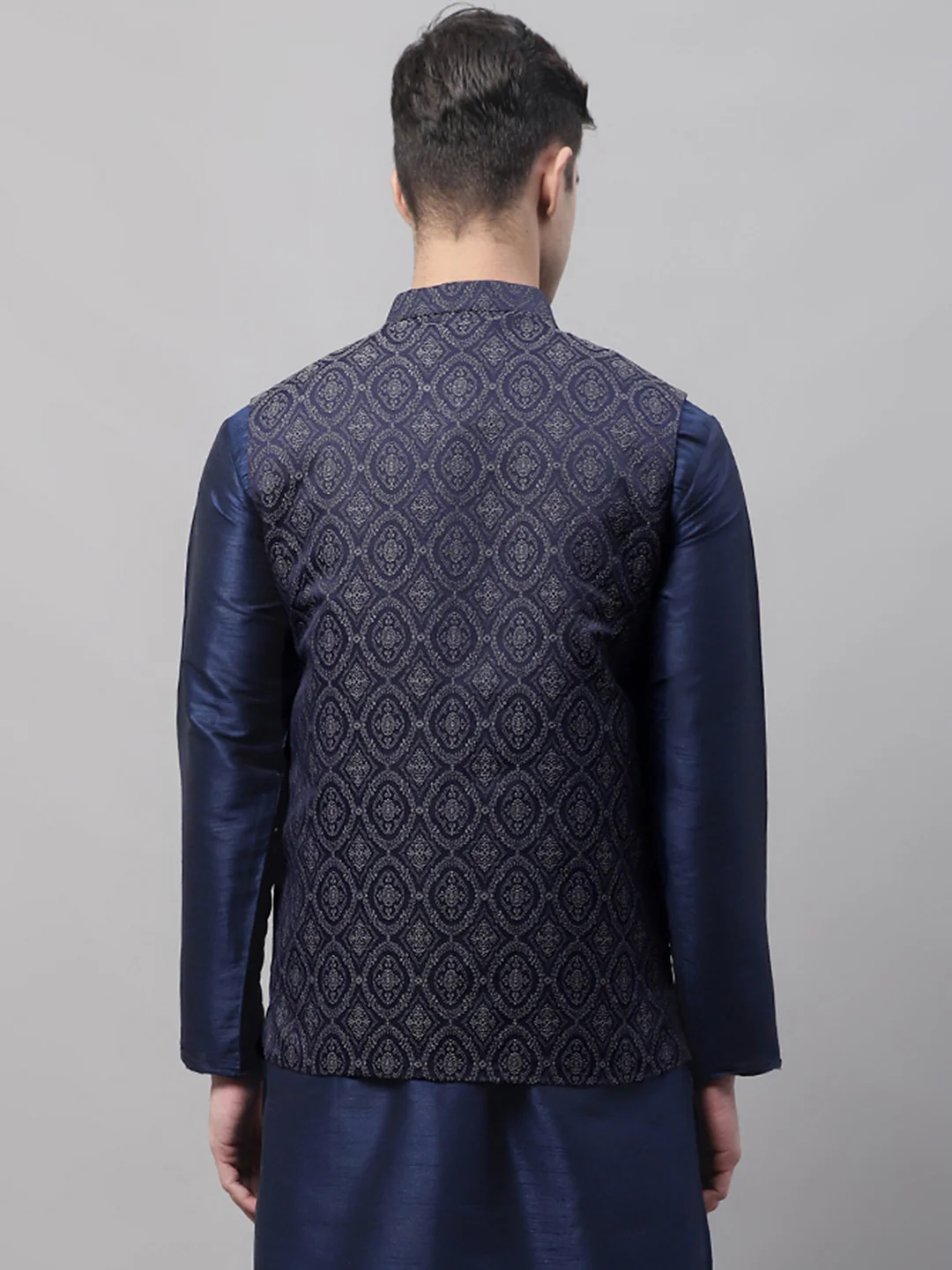 Indian Waistcoat Sleeveless Men's Nehru Jacket Brocade Silk Blend (Navy Blue/Silver) - Image 2