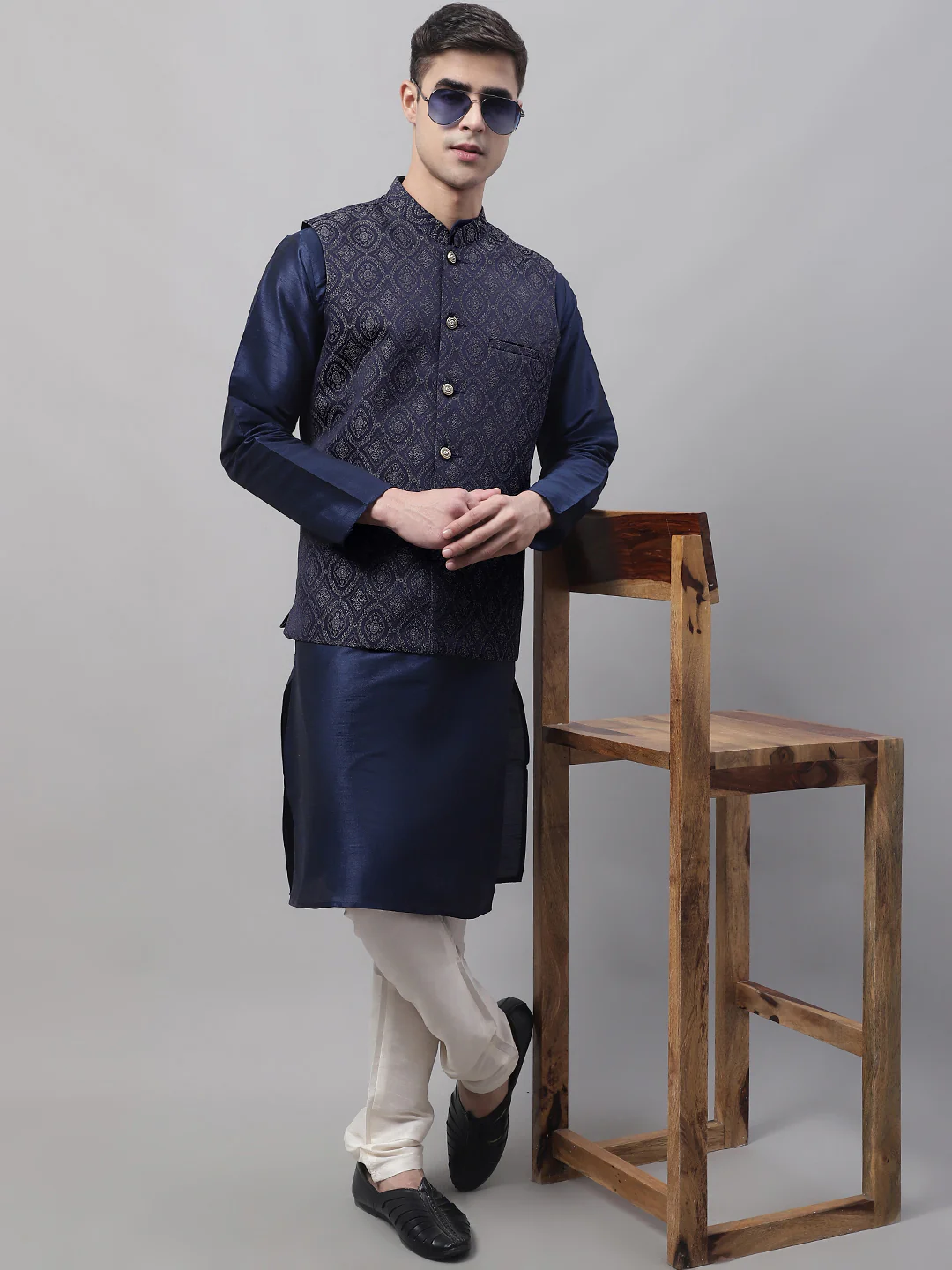 Indian Waistcoat Sleeveless Men's Nehru Jacket Brocade Silk Blend (Navy Blue/Silver) - Image 5