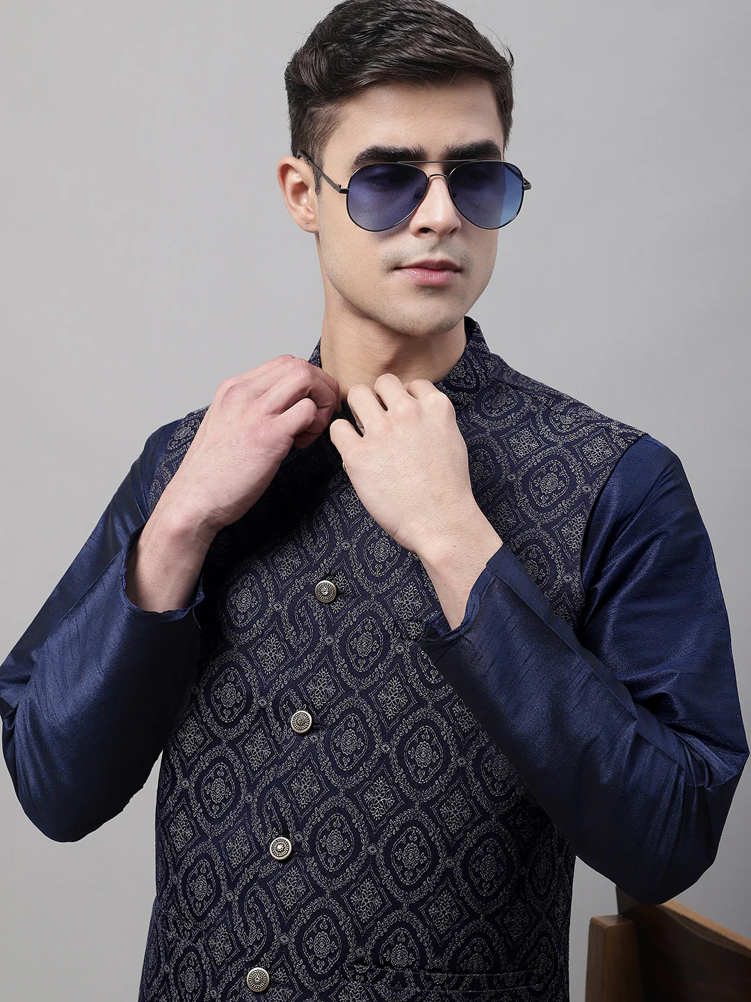 Indian Waistcoat Sleeveless Men's Nehru Jacket Brocade Silk Blend (Navy Blue/Silver) - Image 6