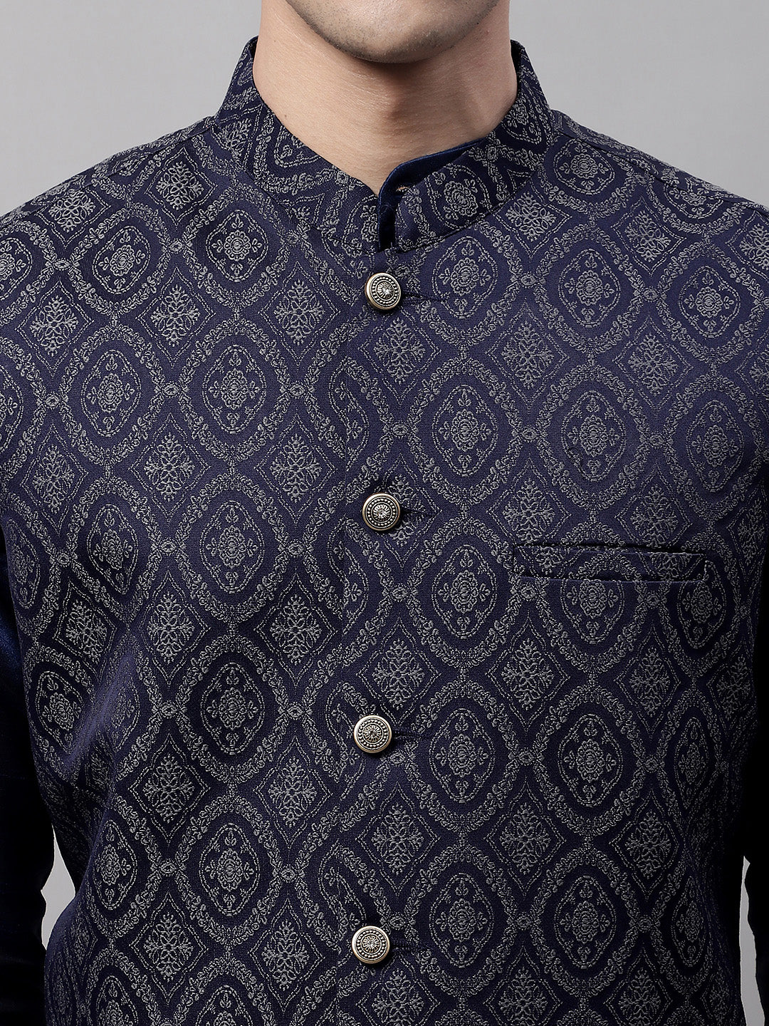 Indian Waistcoat Sleeveless Men's Nehru Jacket Brocade Silk Blend (Navy Blue/Silver) - Image 7