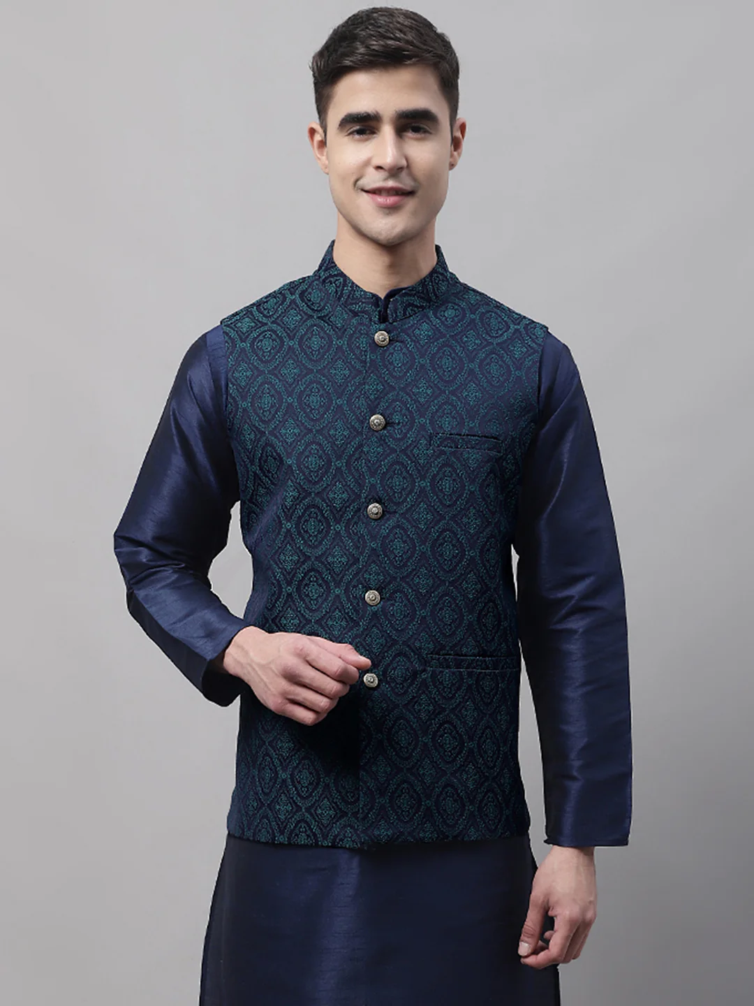 Indian Waistcoat Sleeveless Men's Nehru Jacket Brocade Silk Blend (Navy Blue/Teal)