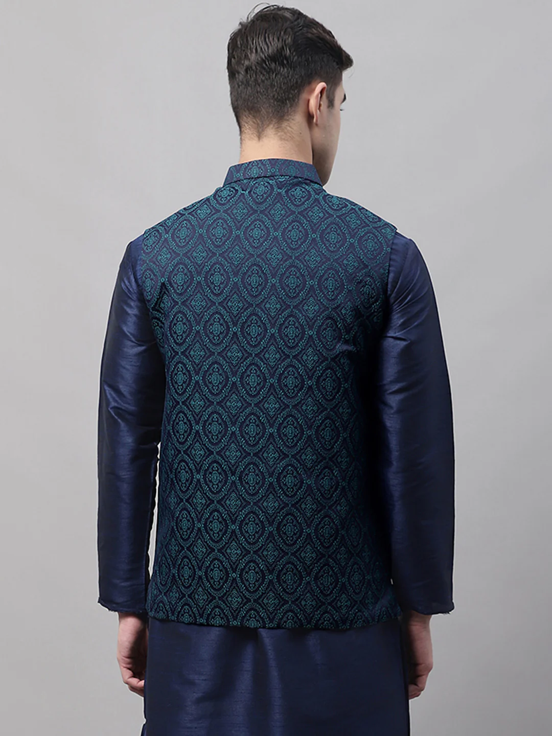 Indian Waistcoat Sleeveless Men's Nehru Jacket Brocade Silk Blend (Navy Blue/Teal) - Image 2