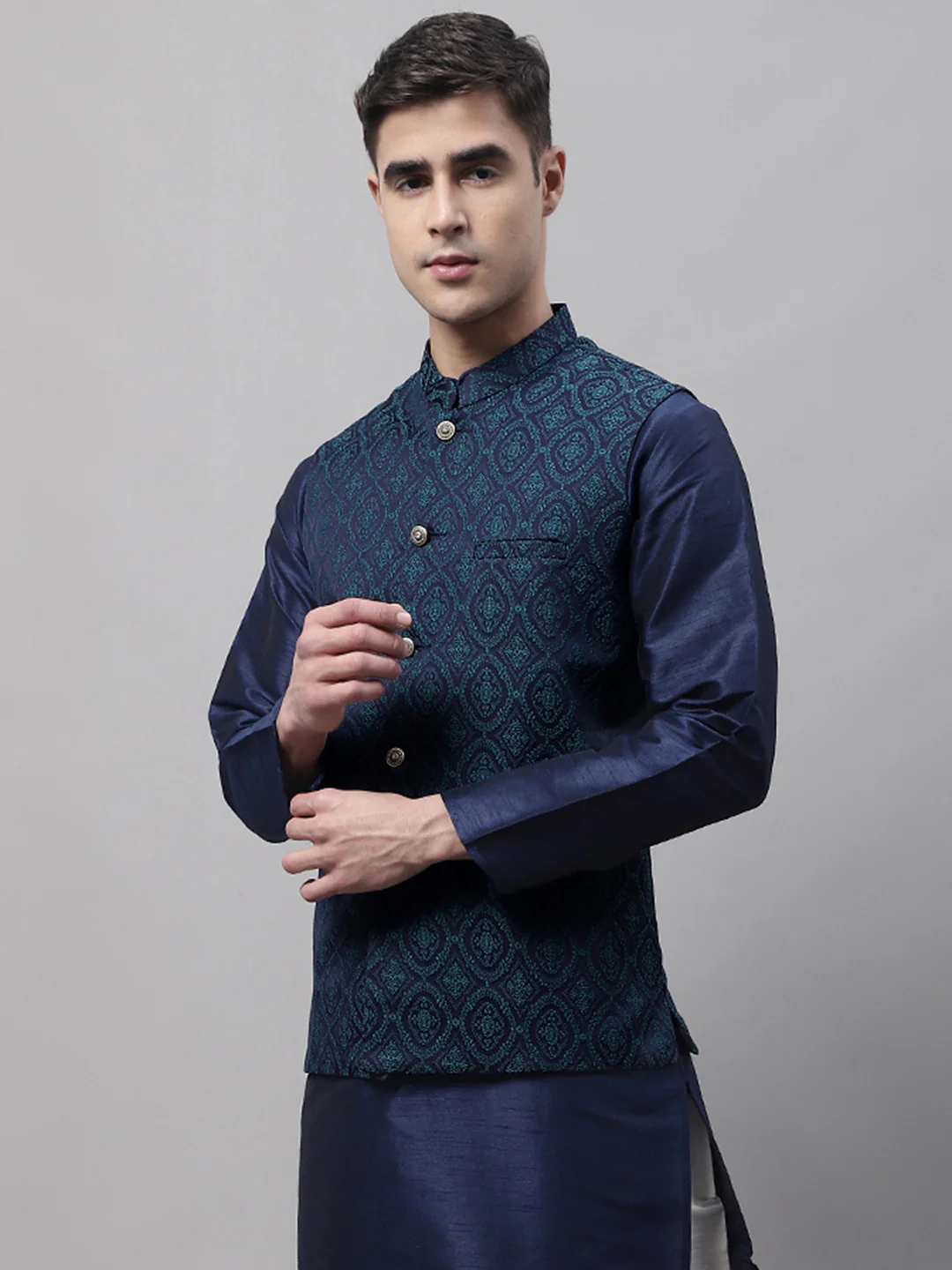 Indian Waistcoat Sleeveless Men's Nehru Jacket Brocade Silk Blend (Navy Blue/Teal) - Image 4