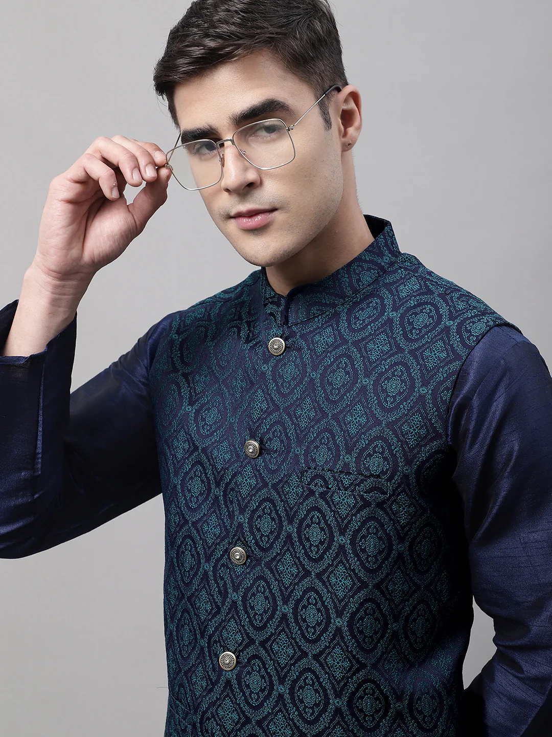 Indian Waistcoat Sleeveless Men's Nehru Jacket Brocade Silk Blend (Navy Blue/Teal) - Image 6