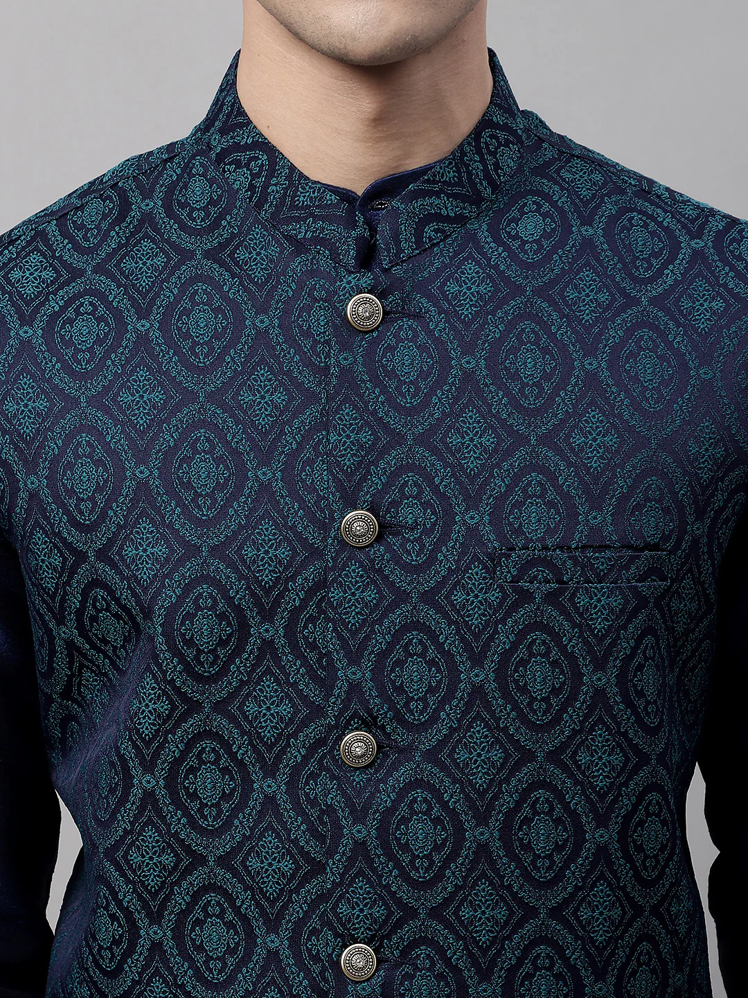 Indian Waistcoat Sleeveless Men's Nehru Jacket Brocade Silk Blend (Navy Blue/Teal) - Image 7