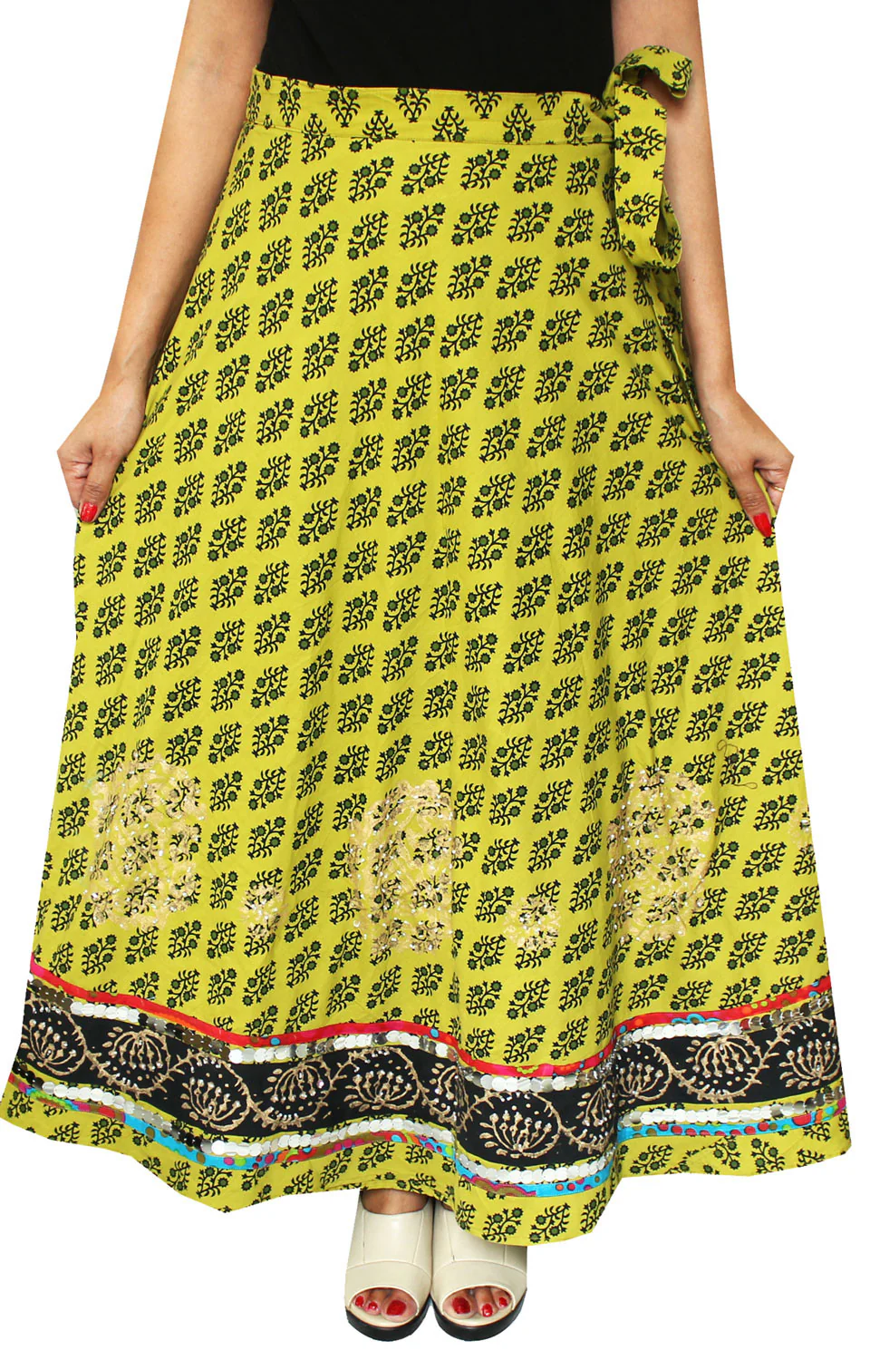 Indian Wrap Long Skirt Cotton Maxi Womens Designer India Clothes (Green) - Image 2