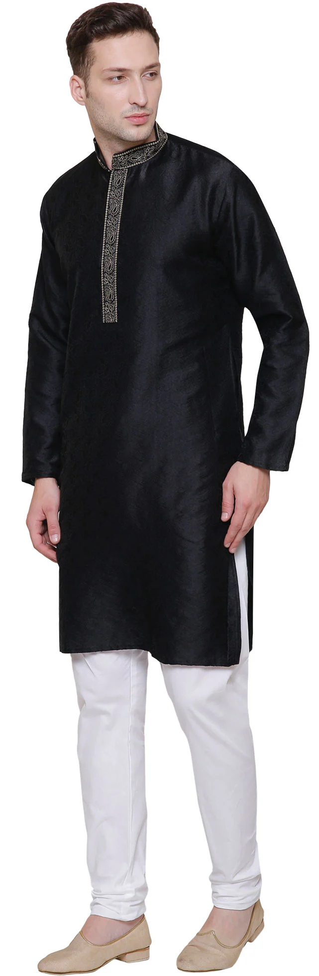 Jacquard Silk Embroidered Mens Kurta Pajama India Clothing (Black) - Image 2