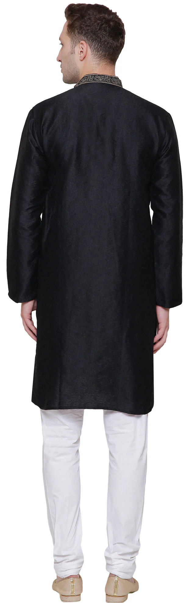 Jacquard Silk Embroidered Mens Kurta Pajama India Clothing (Black) - Image 3