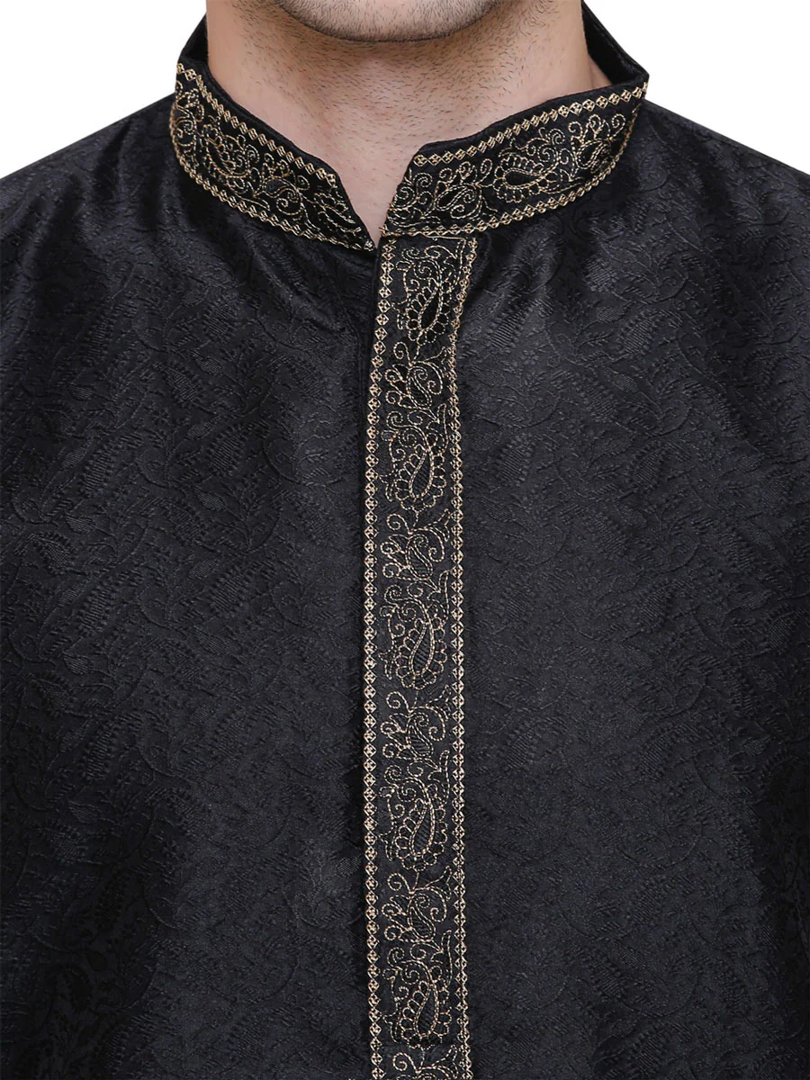 Jacquard Silk Embroidered Mens Kurta Pajama India Clothing (Black) - Image 4