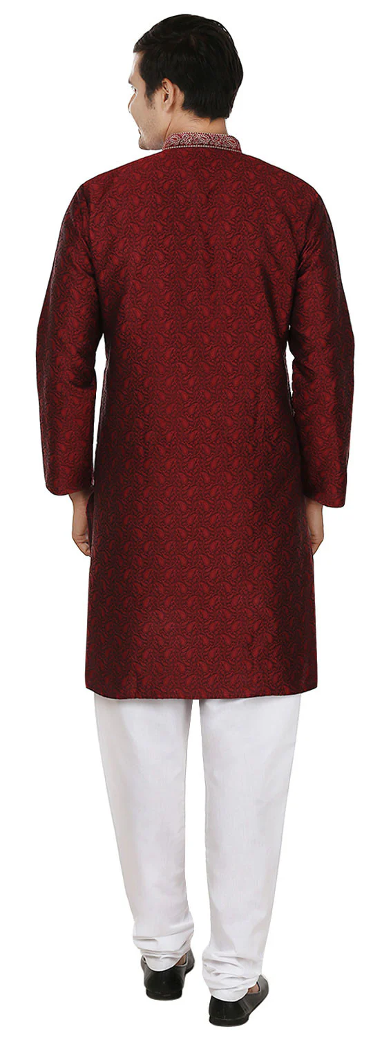 Jacquard Silk Embroidered Mens Kurta Pajama India Clothing (Maroon) - Image 3