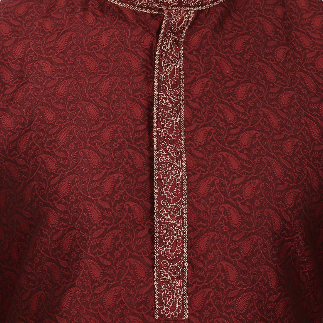 Jacquard Silk Embroidered Mens Kurta Pajama India Clothing (Maroon) - Image 4