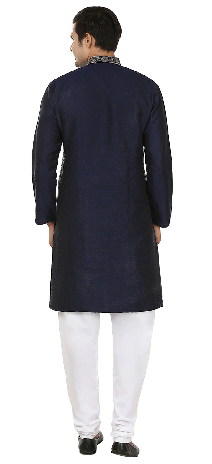 Jacquard Silk Embroidered Mens Kurta Pajama India Clothing (Blue) - Image 3