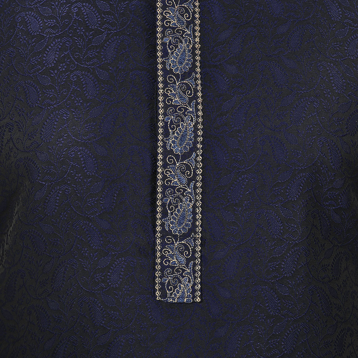 Jacquard Silk Embroidered Mens Kurta Pajama India Clothing (Blue) - Image 4