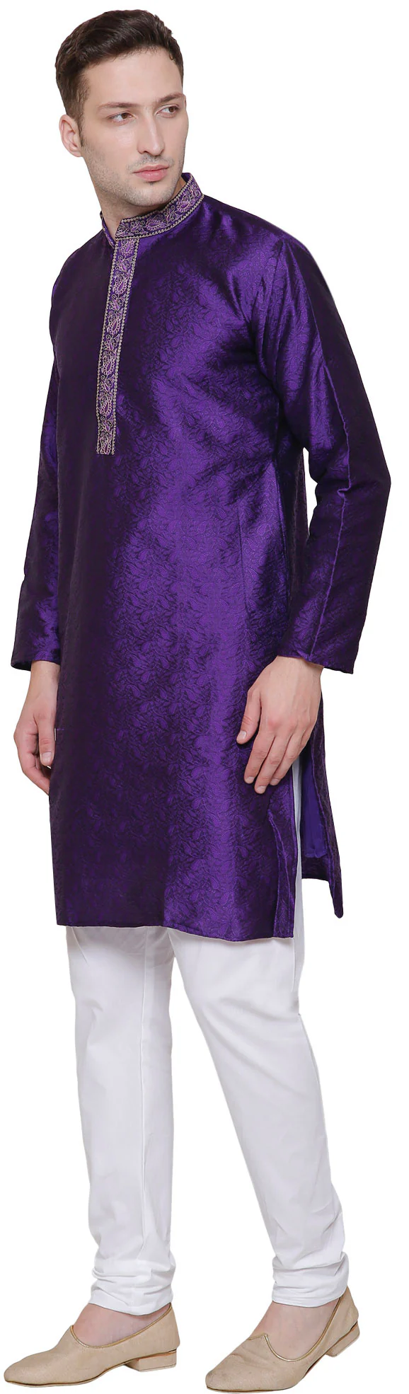 Jacquard Silk Embroidered Mens Kurta Pajama India Clothing (Purple) - Image 2