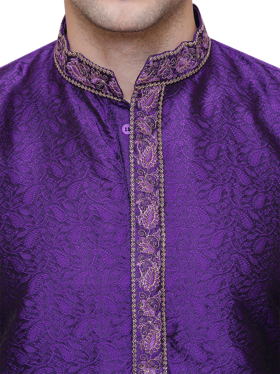 Jacquard Silk Embroidered Mens Kurta Pajama India Clothing (Purple) - Image 4