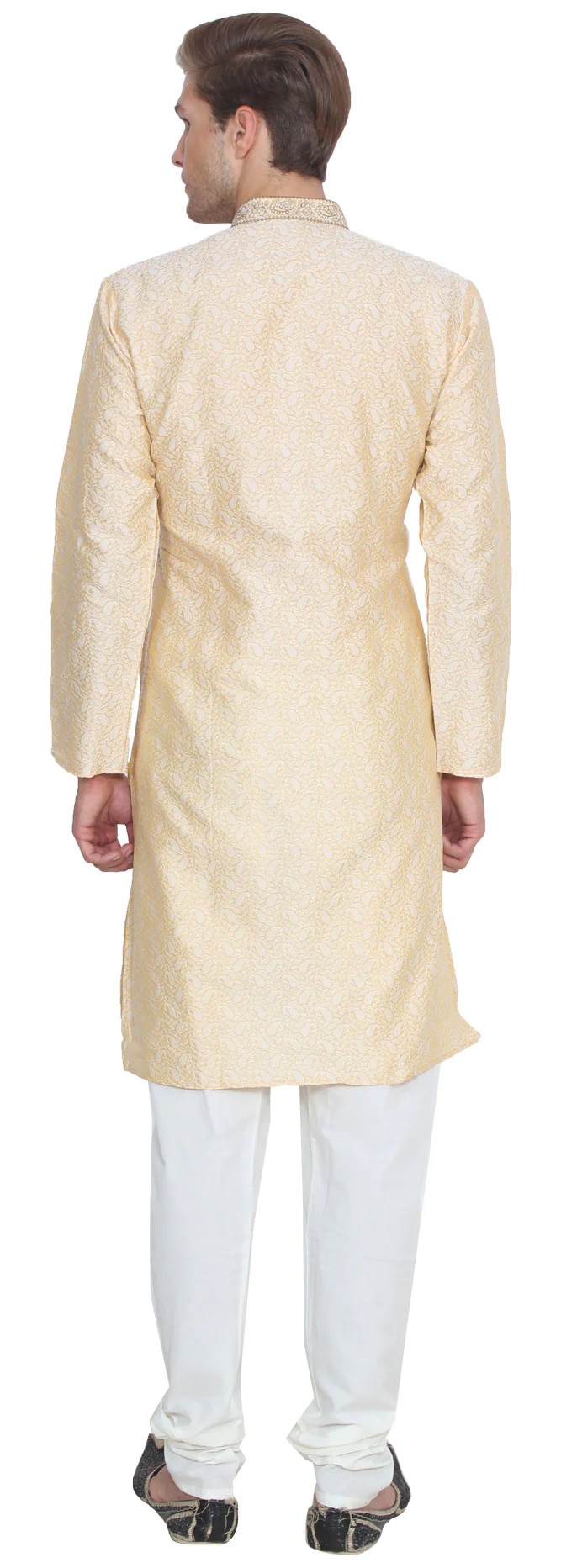 Jacquard Silk Embroidered Men's Kurta Pajama India Clothing (Gold) - Image 3