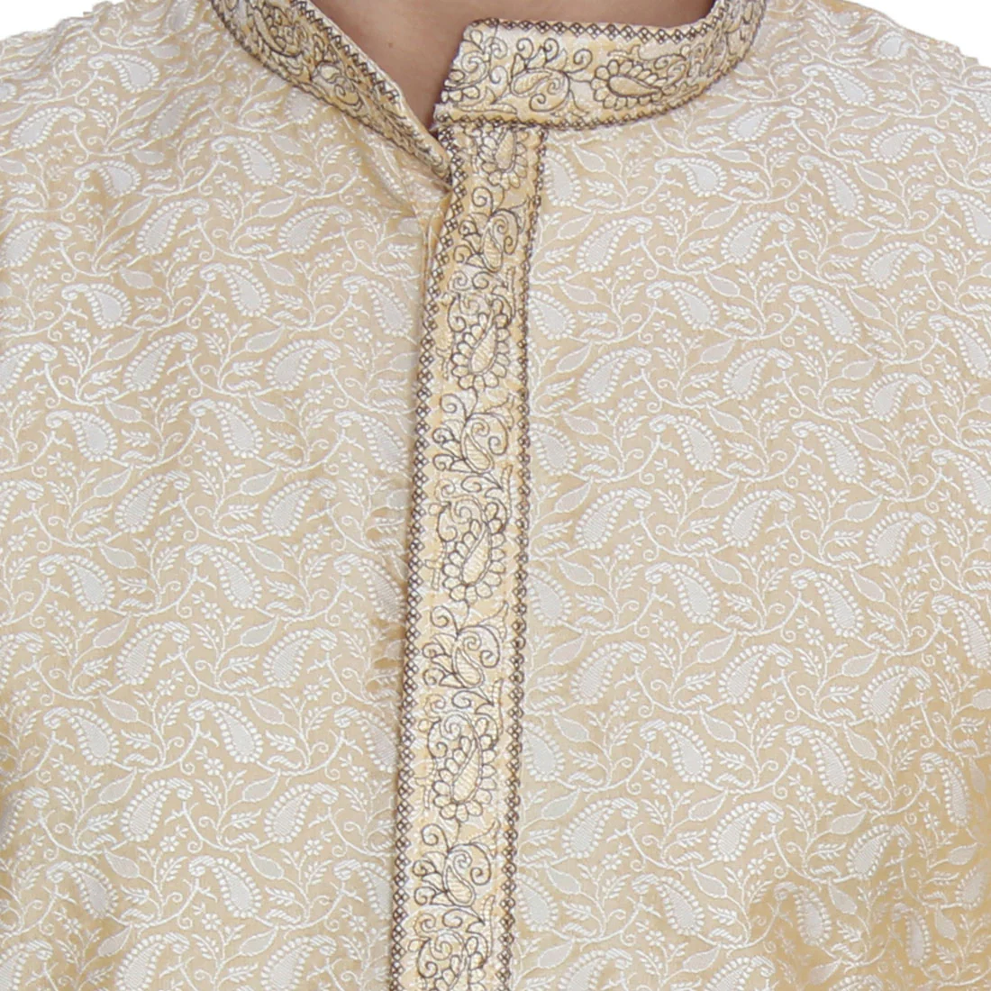 Jacquard Silk Embroidered Men's Kurta Pajama India Clothing (Gold) - Image 4