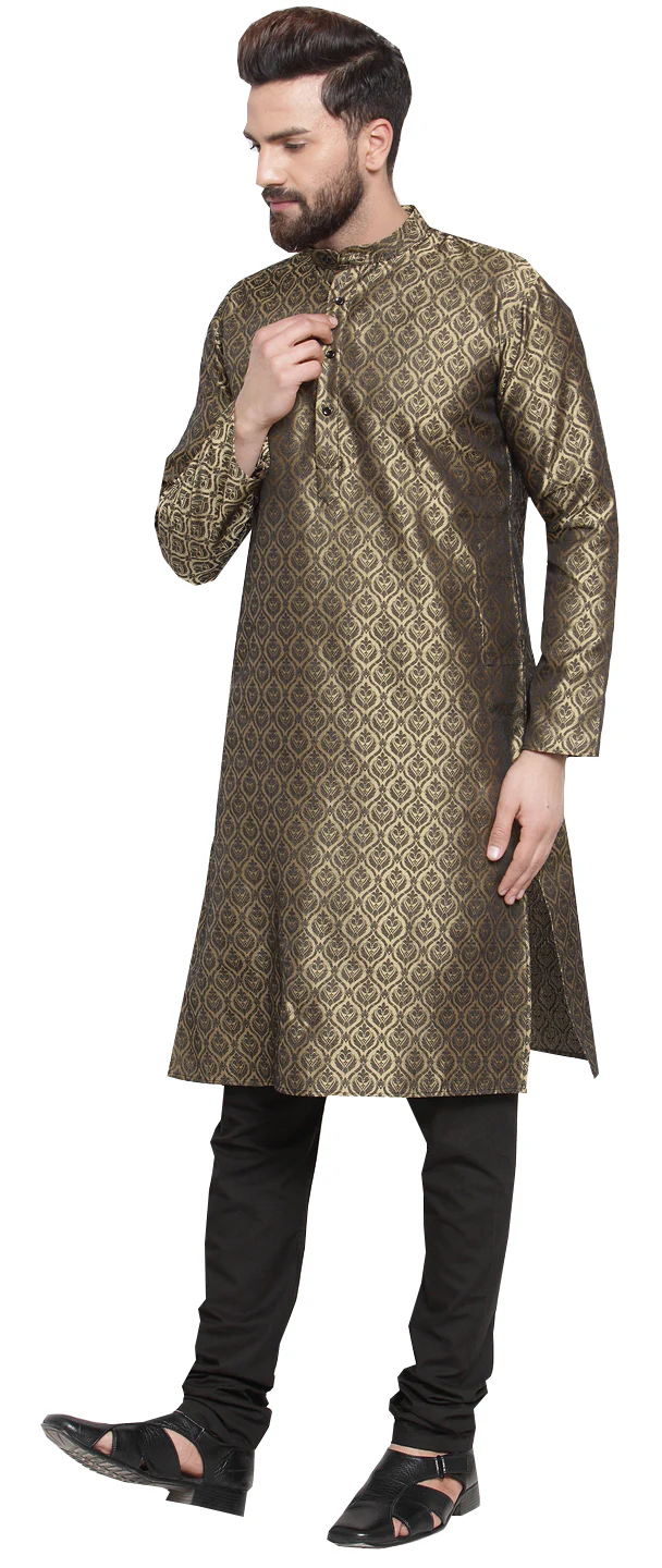 Jacquard Silk Men's Kurta Pyjama Evening Wear India Apparel (Golden) - Image 2