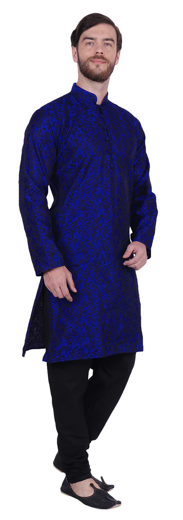 Jacquard Silk Men's Kurta Pyjama Party Indian Clothes (Blue) - Image 2