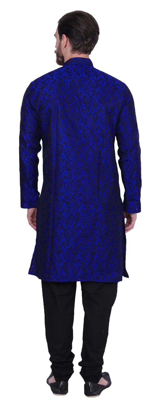 Jacquard Silk Men's Kurta Pyjama Party Indian Clothes (Blue) - Image 3