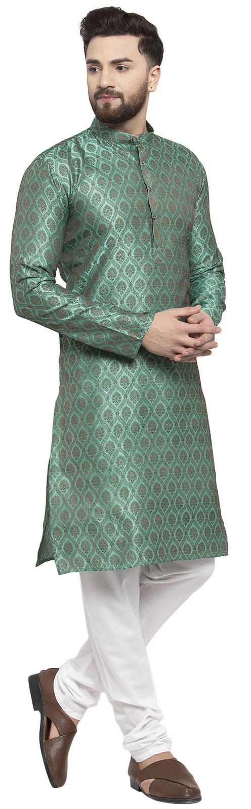 Jacquard Silk Men's Kurta Pyjama Party Wear India Apparel (Green) - Image 2