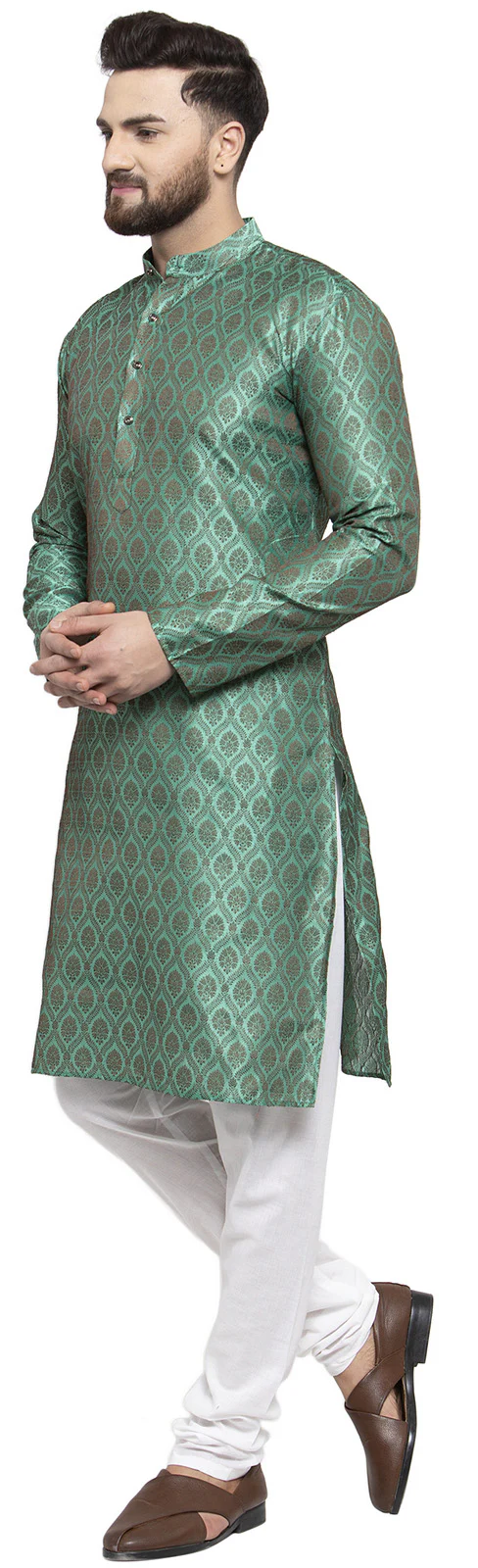 Jacquard Silk Men's Kurta Pyjama Party Wear India Apparel (Green) - Image 3