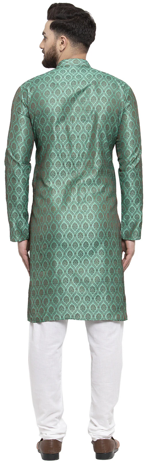 Jacquard Silk Men's Kurta Pyjama Party Wear India Apparel (Green) - Image 4