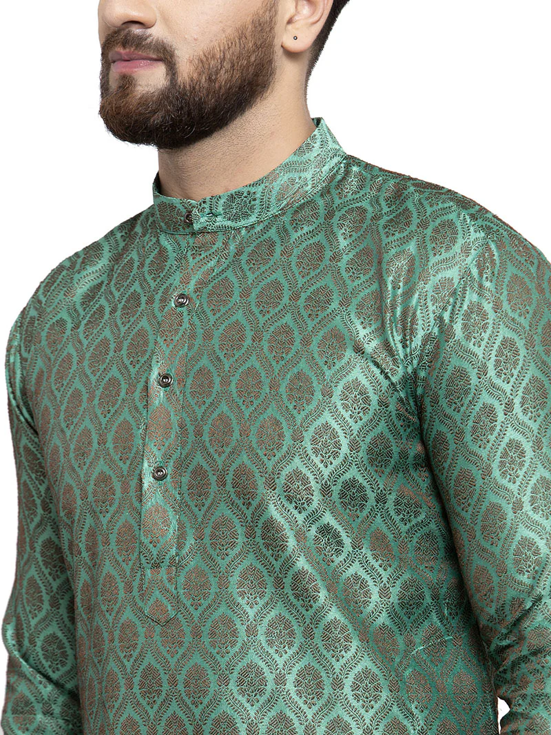 Jacquard Silk Men's Kurta Pyjama Party Wear India Apparel (Green) - Image 5