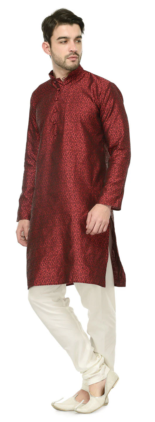 Jacquard Silk Mens Party Wear Kurta Pyjama Indian Clothes (Maroon) - Image 2
